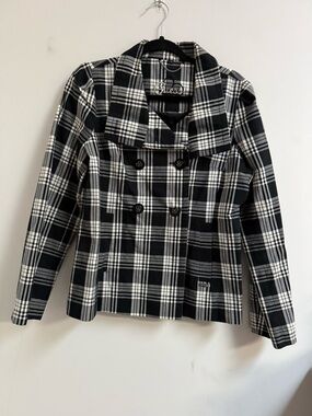 Guess Black & White Plaid Double-Breasted Peacoat Jacket